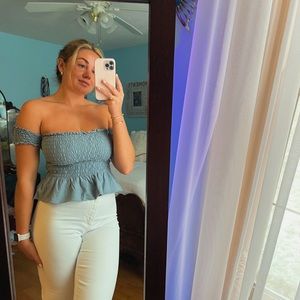 Off the shoulder blue scrunch top